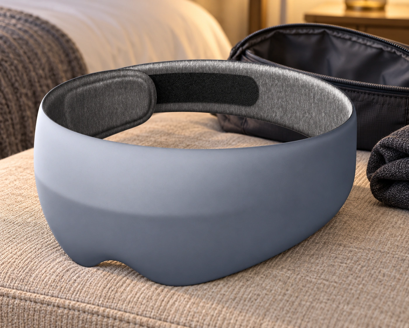 Anshui Light-Blocking Eye Mask: Open overnight pouch on bedroom bench · Scene illustration