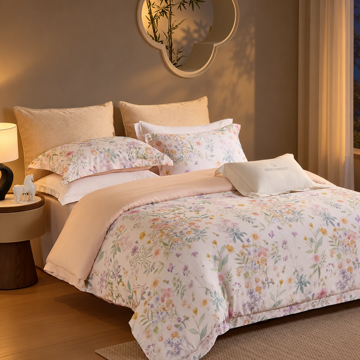 Chun Zhi Cai Four-Piece Bedding Set: Night bedroom display