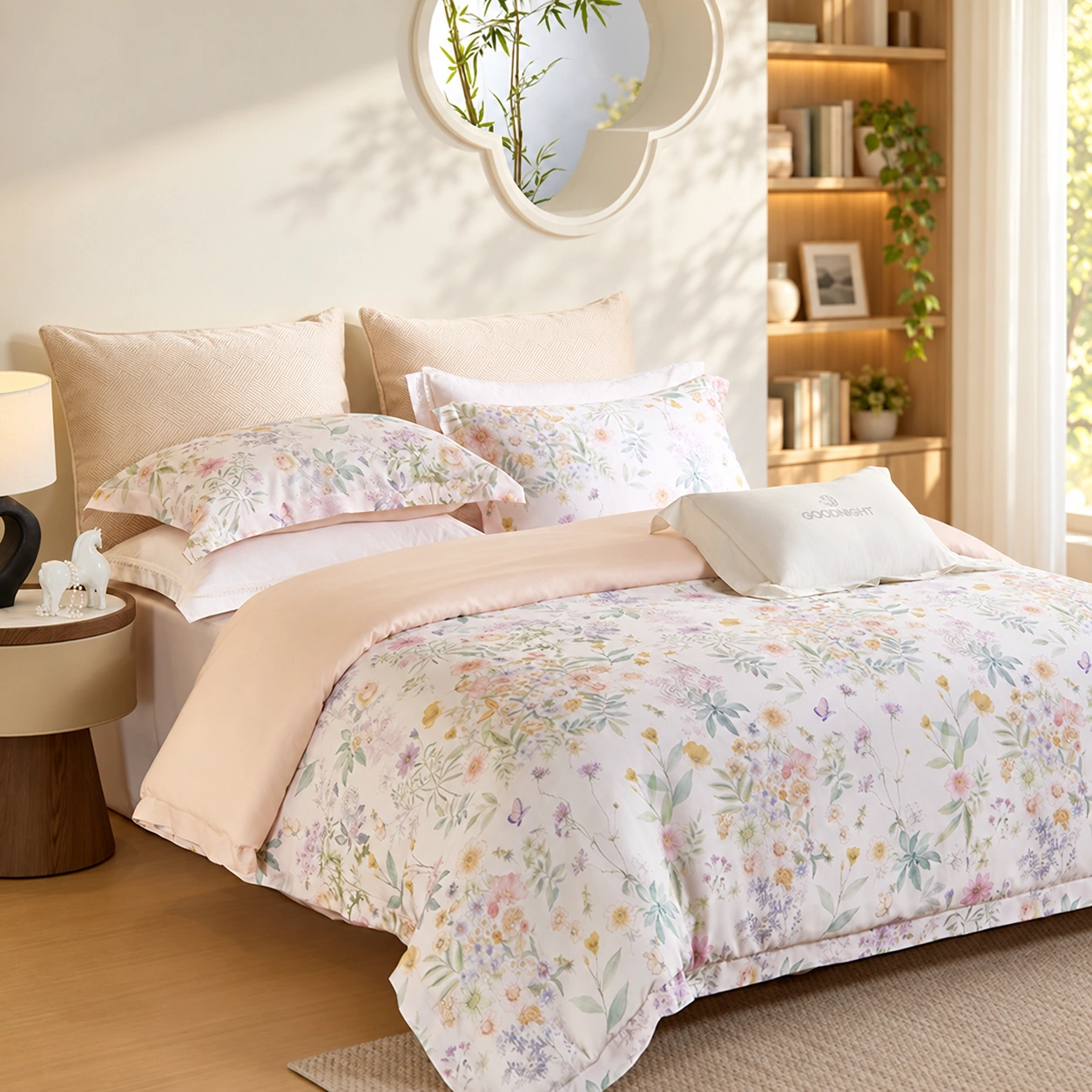Chun Zhi Cai Four-Piece Bedding Set: Reading-room bedroom display