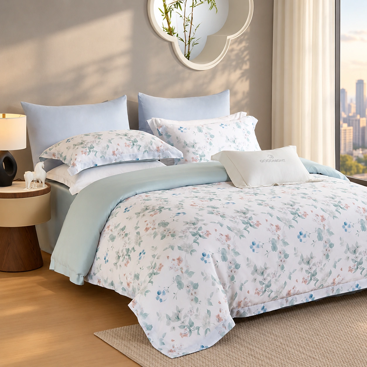 Yanxi Four-Piece Bedding Set: High-rise city bedroom display