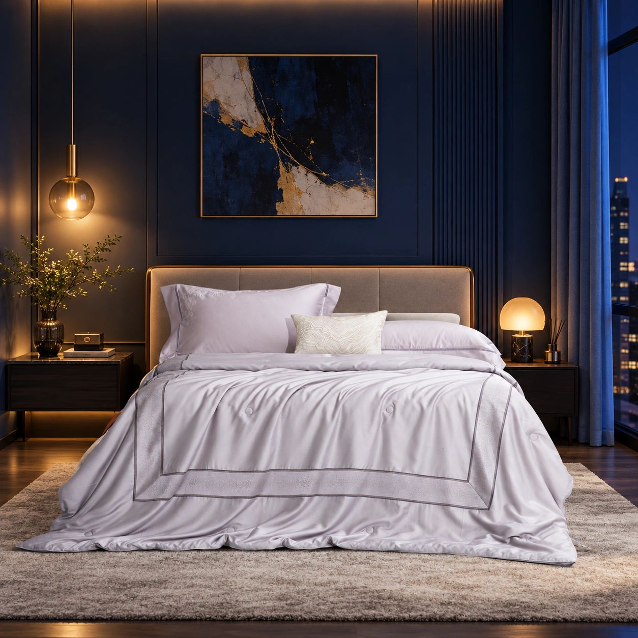 Yunrou No. 1 Mulberry Silk Quilt: Navy bedroom at night · Scene illustration